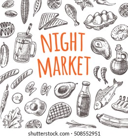 Night market card. Traditional asian street food marketplace. National products. Hand drawn vector illustration. Can be used for menu, poster, banner, emblem, sticker, placard and other design.