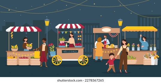 El concepto de mercado nocturno. Hombres y mujeres venden productos naturales y orgánicos. Tienda o tienda de granja local. Tienda de comida de festival, calle de ferias al aire libre. Vista panorámica de la ciudad de los mercados. Dibujo vectorial plano de dibujos animados