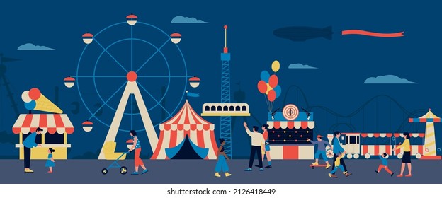 Night market. Fest fair street with attractions and food stall. Summer festival, outdoor party. People walking evening on city park, amusement recent vector scene