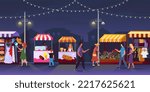 Night market. Festival food stall. Outdoor shops. Local fair street. Marketplace flyer. Summer city evening panorama. People walking and shopping in kiosks. Vector cartoon illustration