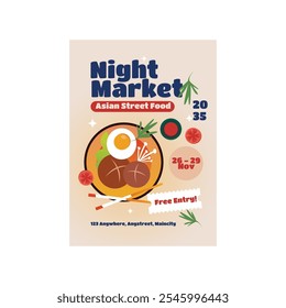 Night market. Festival food stall. Outdoor shops. Local fair street. Marketplace flyer. Summer city evening panorama. Vector cartoon illustration