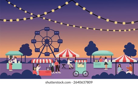 Night market illustration. Food stall. Ferris wheel in the amusement park. Family festival. Food street festival. Night event. New year event.