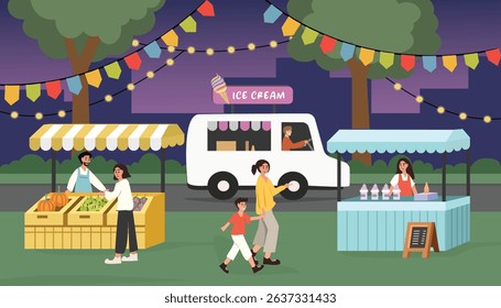 Night market illustration. People in the park. Fruit stall. Drinking stall. Ice cream food truck. City night festival. Amusement park. Food court. Night Market Scene with Food Stalls and People