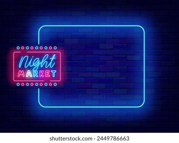 Night market neon banner. Vintage shopping greeting card. Empty blue frame and typography. Around the clock store. Welcome sign. Glowing flyer. Copy space. Editable stroke. Vector stock illustration