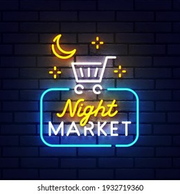 Night Market neon sign, bright signboard, light banner. Night Market logo neon, emblem. Vector illustration