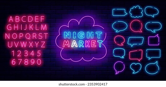 Night Market neon signboard. Multicolored handwritten text. Bright pink alphabet. Speech bubbles frames collection. Night shop. Store advertising. Glowing banner. Vector stock illustration