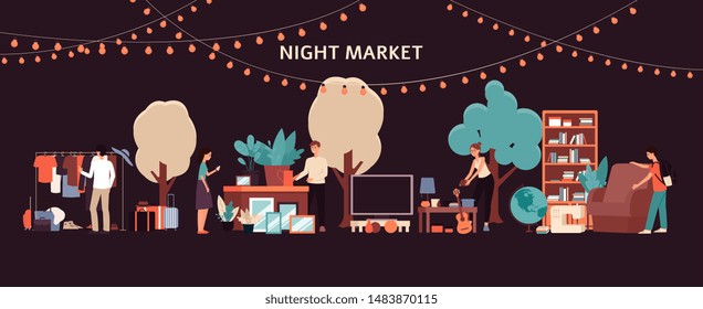 Night Market - People Buying Furniture And Clothes At Flea Garage Sale In City Park Street In The Dark Under Fairy Lights, Urban Town Pop Up Retail Store - Flat Isolated Vector Illustration