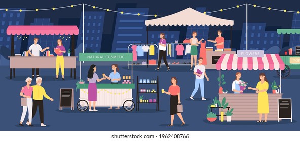 Night Market. People On Summer Outdoor Fair. Street Festival Store, Stall, Flower, Clothes And Craft Cosmetic Shop. City Event Vector Banner. Selling Books And Natural Cosmetics Outdoor