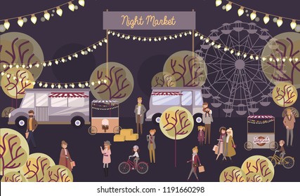 Night market poster with people selling and shopping at walking street, cartoon flat design. Editable vector illustration