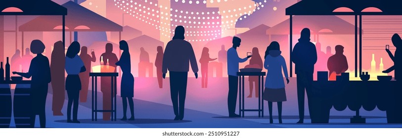 Night market scene with people silhouettes under string lights vibrant colors various stalls and activities cityscape background