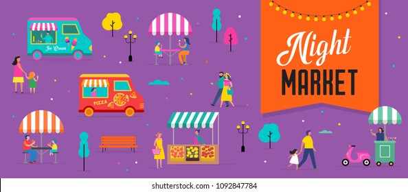 Night market, summer fest, food street fair, family festival poster and banner colorful design