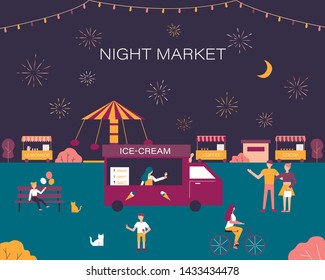 Night Market, Summer Fest, Food Street Fair, Colorful Family Festival Poster Design with Happy People Walking among Kiosks and Attractions, Buying Ice Cream, Cartoon Flat Vector Illustration, Banner
