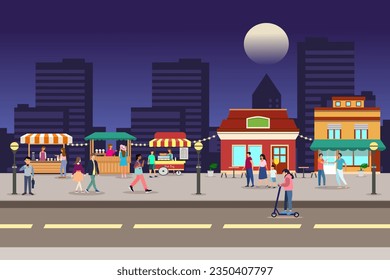 Night Market, Summer fest, Food Street Messe Illustration. Nachtmarkt mit Menschenmenge in der Stadt.