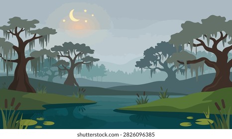 Night marsh landscape with hanging moss and moon landscape illustration