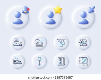 Night mattress, Furniture moving and Stand lamp line icons. Placeholder with 3d cursor, bell, star. Pack of Square meter, Open door, Sleep icon. Furniture, Ceiling lamp pictogram. Vector