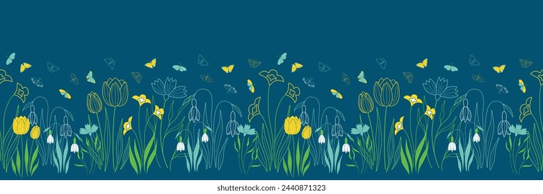 Night meadow seamless border with flowers and flying butterflies. Horizontal semless print for wallpaper, background, textile, card border or other design. Vector illustration. Not AI created.