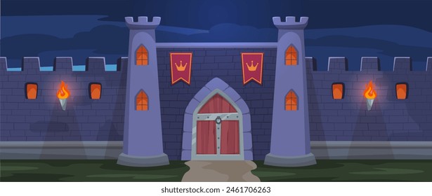 Night medieval fortress gate. Nocturne fantasy kingdom entrance, royal stronghold cartoon vector background illustration of castle fortress medieval gate