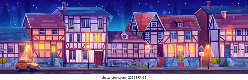 Night medieval germany town street cartoon vector. Old european ancient bavaria cityscape landscape background with road and car. German fantasy history village with vintage stone mansion in center