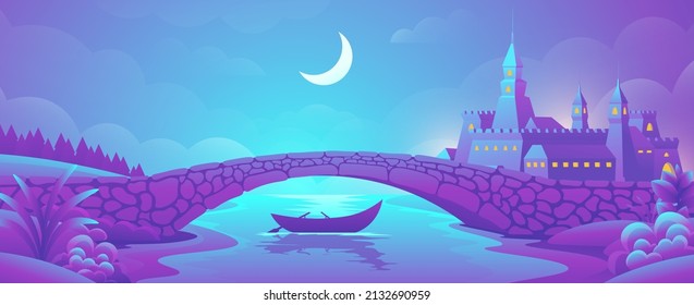 Night medieval horizontal landscape. Romantic scene of boat under stone bridge on castle background.