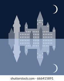 Night medieval town, moon  and them reflections in a lake.