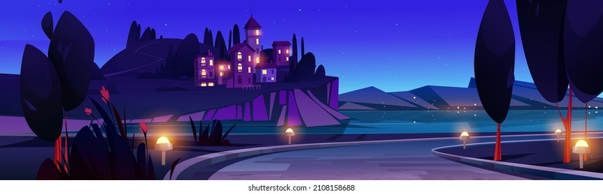 Night Mediterranean landscape, beautiful scenic nature. Sea coast with stone houses, illuminated curve road, mountains, trees and flowers under starry sky. Scenery panorama cartoon vector illustration