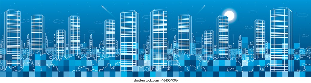 Night megalopolis, city under construction, pixels, a lot of squares, in developing, neon town panorama, vector design art