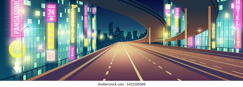 Night metropolis empty, four-lane highway, freeway road illuminated with restaurants, hotel, road and karaoke bar neon colors signboards cartoon vector background. Modern city nightlife background