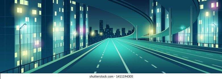 Night metropolis empty, four-lane, illuminated with street lights speed highway, town freeway with overpass or bridge in above going to skyscrapers buildings on horizon cartoon vector illustration