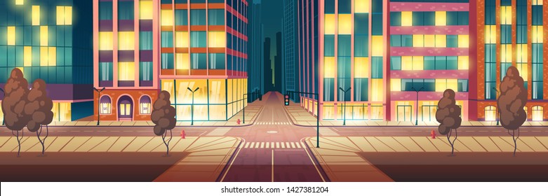 Night metropolis illuminated, empty street cartoon vector background with skyscrapers, stores and cafes glowing showcases, city road crossing with crosswalk and traffic lights, sidewalk illustration