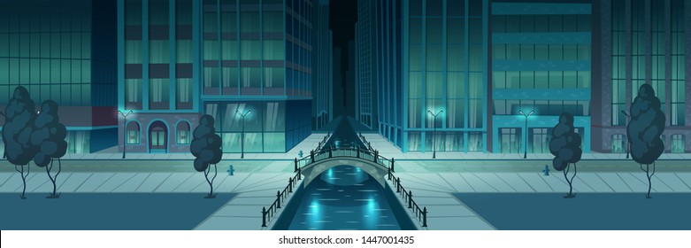 Night metropolis street illuminated with city lights, storefronts on skyscrapers building, two line road, arch bridge over river or water channel and sidewalk on embankment cartoon vector illustration