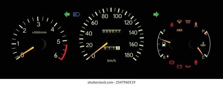 Painel de sedan japonês médio 90s noite média no motor diesel japonês com caixa de engrenagens manual top specs ilustração vetor.