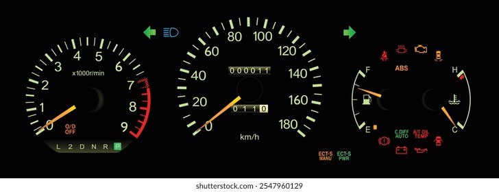 Night mid 90s midsize Japanese wagon dashboard in high performance gasoline engine with 4wd automatic gearbox includes drive mode with automatic center differential lock illustration vector.