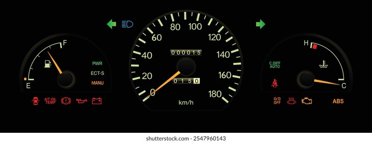 Night mid 90s midsize Japanese sedan dashboard in Japanese gasoline engine with 4wd automatic gearbox lower specs includes drive mode and electronic center differential lock illustration vector.