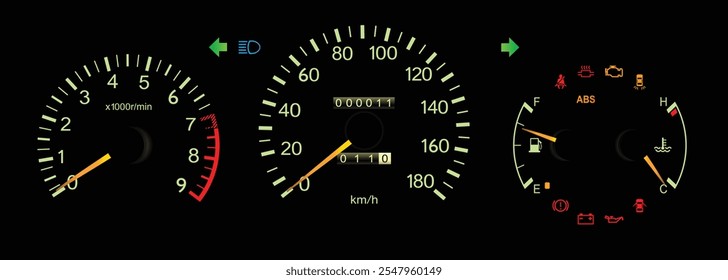 Noite meados dos anos 90 médio japonês passeio vagão painel em motor a gasolina de alto desempenho com caixa de engrenagens manual e vetor de ilustração de um único tripímetro.