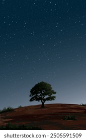 Night at minimalist hill landscape with silhouetted big tree have night sky with a lot of stars vertical background graphic illustration.