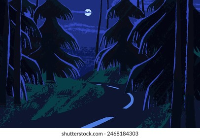 Night minimalist nature landscape with empty roadway. Forest road between firtrees, spruces, tree silhouettes in moonlight. Moon in evening sky above dark woodland panorama. Flat vector illustration