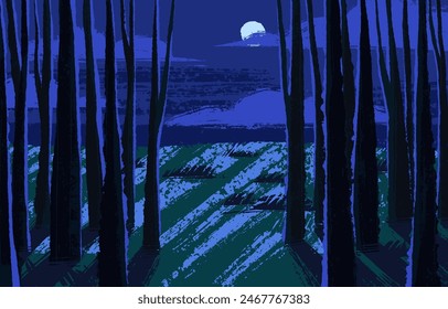 Night minimalist nature landscape in moonlight. Moon in evening sky above sea, grass, shore. Silhouettes of forest, trees before dark seascape with waves panorama view. Flat vector illustration