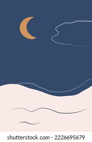 Night minimalistic landscape with sea, cloud and moon. Illustration in flat style. Perfect for wall art in the style of mid century modern