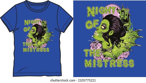 Night of the mistress digital design template in vector format, featuring detailed zombie withbat wings now available for Adobe Illustrator, Adobe Photoshop and Corel Draw and can be used for digital 