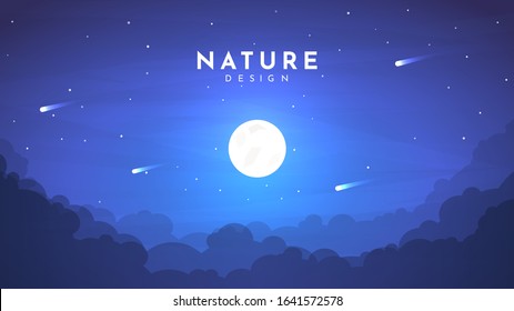 Night misty minimalist landscape. Vector flat geometric illustration. Website or game template. Poster, banner design. Dark clouds. Starry night with falling asteroids. Moonlight scene.  