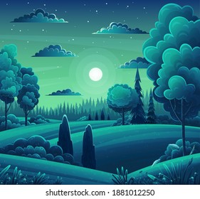 Night mixed forest. Dark blue green background. Meadow, meadow, lawn, lush tree crowns. Christmas trees, spruce, bright moon in sky, stars. Cartoon design for banners, games. Night forest landscape