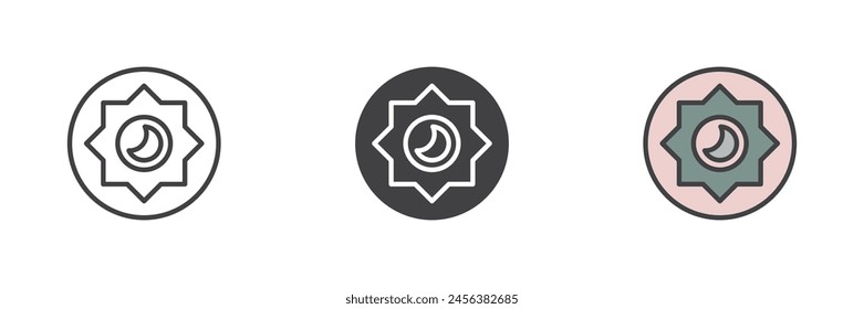 Night mode brightness mode different style icon set. Line, glyph and filled outline colorful version, outline and filled vector sign. Photo camera manual settings symbol, logo illustration.