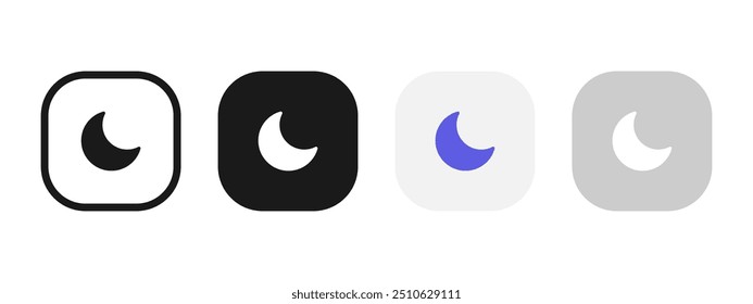 Night mode button icon set. Dark theme vector illustration. Crescent moon symbol. Night mode control element for web and app interface in flat design. Mobile phone screen dark theme isolated concept.