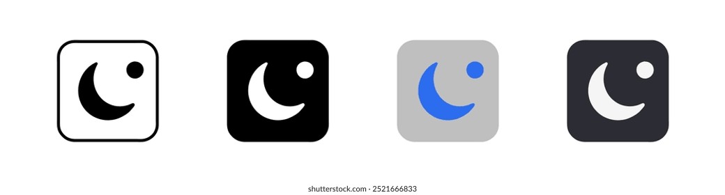 Night mode button icon set. Dark theme vector illustration. Crescent moon symbol. Night mode control element for web and app interface in flat design. Mobile phone screen dark theme isolated concept.