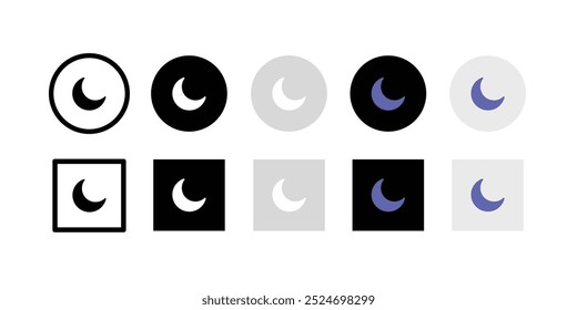Night mode button icon set. Dark theme vector illustration. Crescent moon symbol. Night mode control element for web and app interface in flat design. Mobile phone screen dark theme isolated concept.