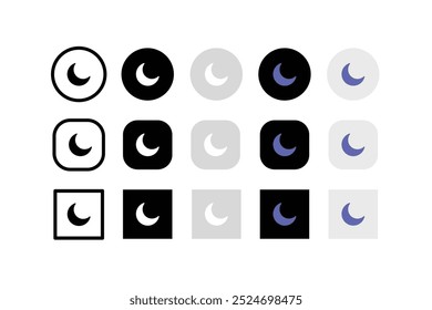 Night mode button icon set. Dark theme vector illustration. Crescent moon symbol. Night mode control element for web and app interface in flat design. Mobile phone screen dark theme isolated concept.