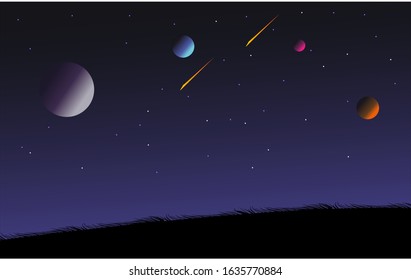night mode display with planets and shooting stars