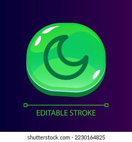 Night mode glossy ui button with linear icon. Turn on dark theme. Screen decor. Isolated user interface element for web, mobile, video game design. Editable stroke. Arial font used
