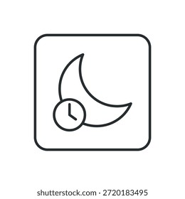 Icono de modo nocturno con luna creciente y símbolo de reloj, que representa el tiempo de sueño, las horas tranquilas, la programación de temas oscuros y el concepto de gestión del tiempo