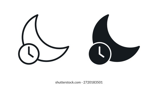 Icono de modo nocturno con luna creciente y símbolo de reloj, que representa el tiempo de sueño, las horas tranquilas, la programación de temas oscuros y el concepto de gestión del tiempo